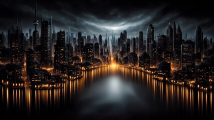 Fototapeta premium Dramatic cityscape at night with bright water reflections and ominous clouds