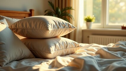 Golden hour sunlight illuminates a neatly made bed with plush pillows and soft bedding