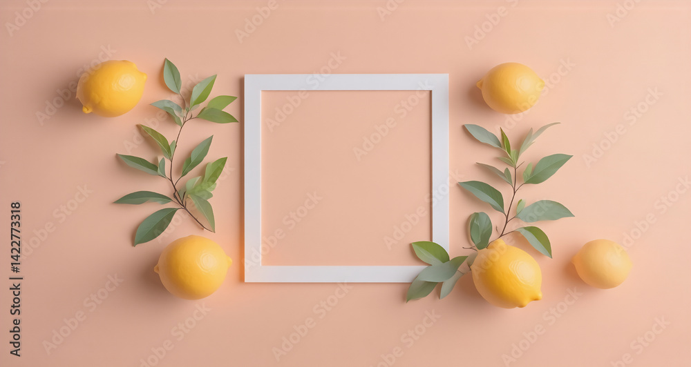 Aufkleber a serene peach-colored flat lay features a picture frame surrounded by vibrant yellow citrus fruit, 