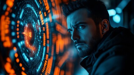 Man stares intensely at complex digital interface with futuristic design