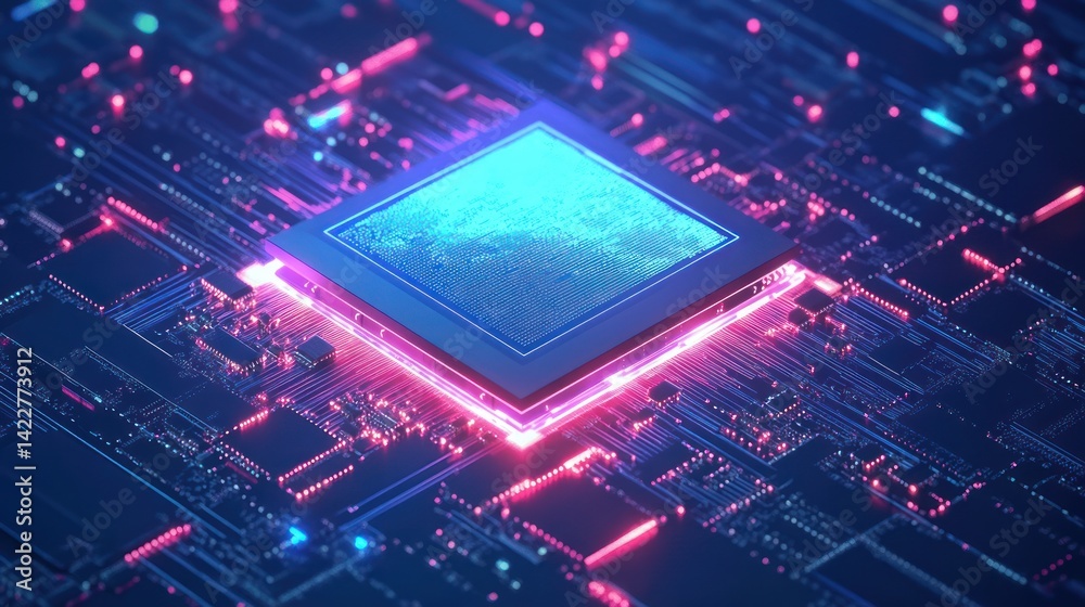 Poster futuristic microchip design with glowing pathways and central processor emphasis