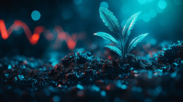 Seedling grows from soil against declining stock market chart