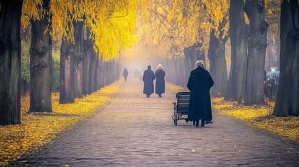 Serene Autumn Walk Two Women Stroll Down a Foggy Path Lined with Golden Yellow Trees