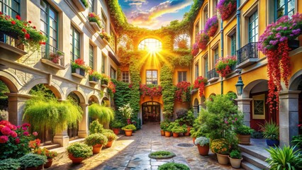 Sunlit Courtyard with Floral Displays