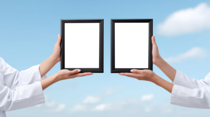 Close up view of hands holding two framed graduation certificates or diplomas celebrating a significant educational milestone with a clear blue sky and clouds in the background