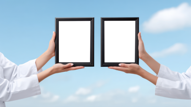 Close up view of hands holding two framed graduation certificates or diplomas celebrating a significant educational milestone with a clear blue sky and clouds in the background