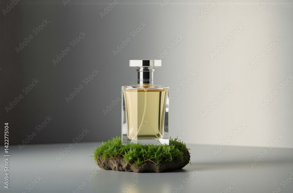 Poster a perfume bottle with amber liquid sits on a bed of moss, creating a natural and sophisticated aesth