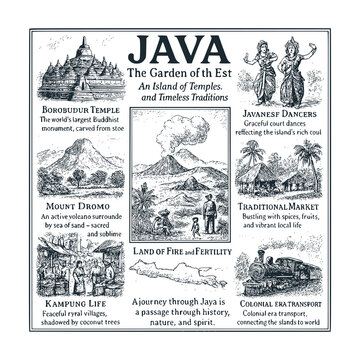 Black White Vector Illustration of JAVA &ndash; The Garden of the East: A Vintage Engraved Infographic