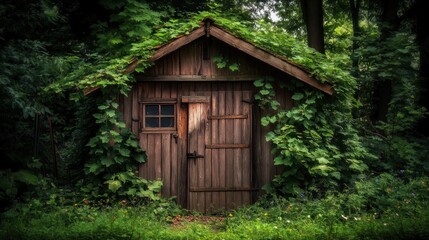 Lush overgrown wooden shed nestled within a dense forest.