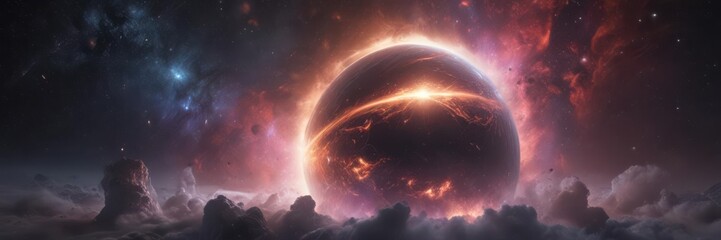 Obraz premium Luminous orb amidst swirling nebulae, cosmic dust , interstellar, shimmer