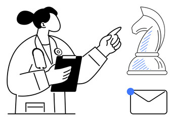 Doctor holding clipboard, pointing at chess knight. Envelope with notification symbolizes communication, strategy. Ideal for healthcare, strategy, leadership, planning, decision-making