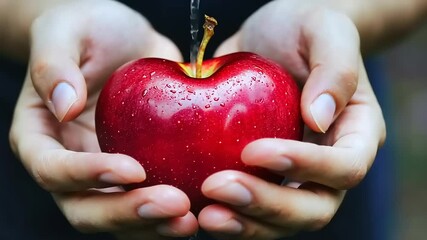 A person holding a vibrant red apple with droplets of water indicating freshness - Powered by Adobe