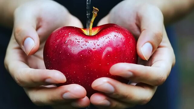 A person holding a vibrant red apple with droplets of water indicating freshness