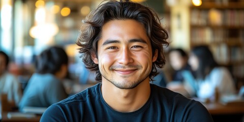 Fototapeta premium A man with a beard and a smile is sitting in a restaurant