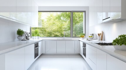 Modern, bright white kitchen with large window