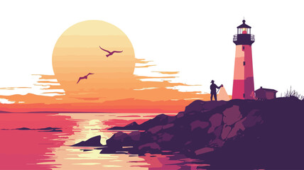 digitally rendered vector illustration of a coastal scene at sunset. The color scheme is dominated by warm tones of orange, pink, and purple, creating a vibrant yet peaceful and calming atmosphere.
