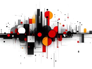 Obraz premium Abstract geometric cityscape with red, black, and white shapes.