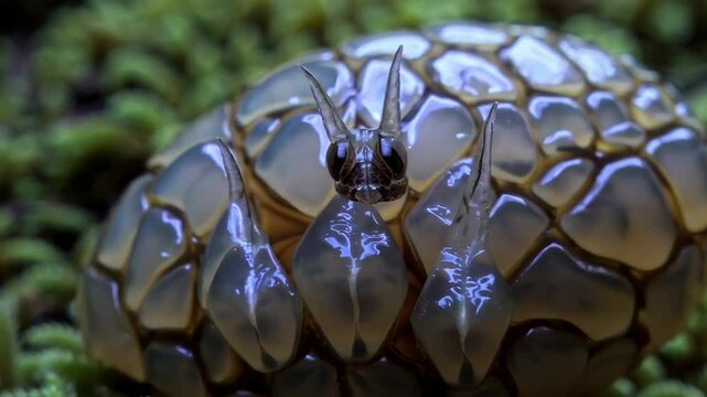 Transparent insect hatching from egg in moss