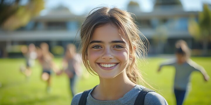 A girl with a smile on her face is standing in a grassy field with other childre
