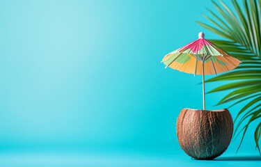 colorful cocktail umbrella in coconut against vibrant blue background evokes tropical vibe. palm leaf adds to summery feel, perfect for beach themed setting
