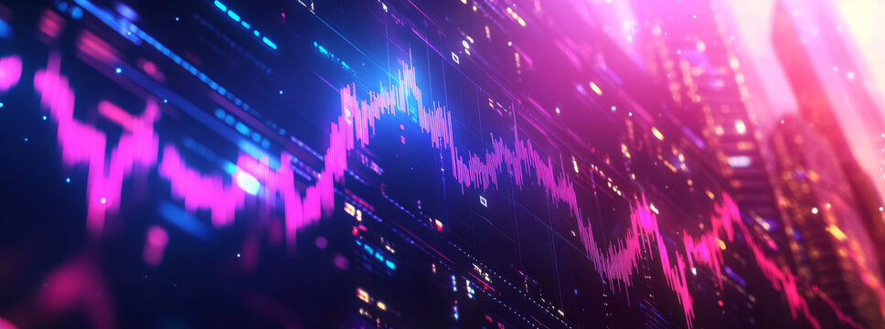 vibrant stock market graph with upward trend is displayed against cityscape background, illuminated by pink and purple lights, conveying sense of growth and optimism