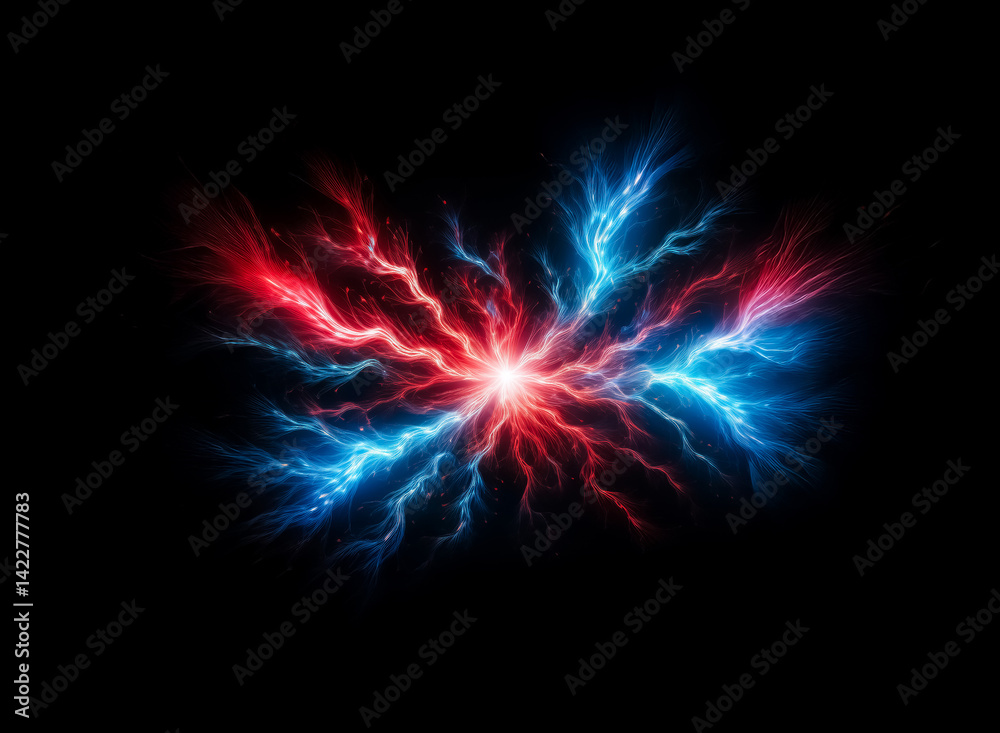 Poster A mesmerizing display of vibrant red and blue energy bursts forth, dominating a black canvas, creating a visually impactful and dynamic composition, with hints of motion.