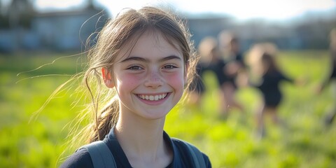 A girl with long hair is smiling and wearing a backpack