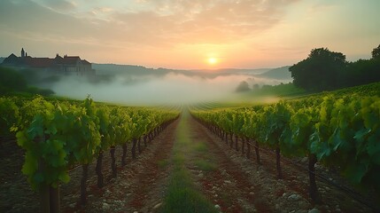 Naklejka premium Sunrise over misty vineyard rows.