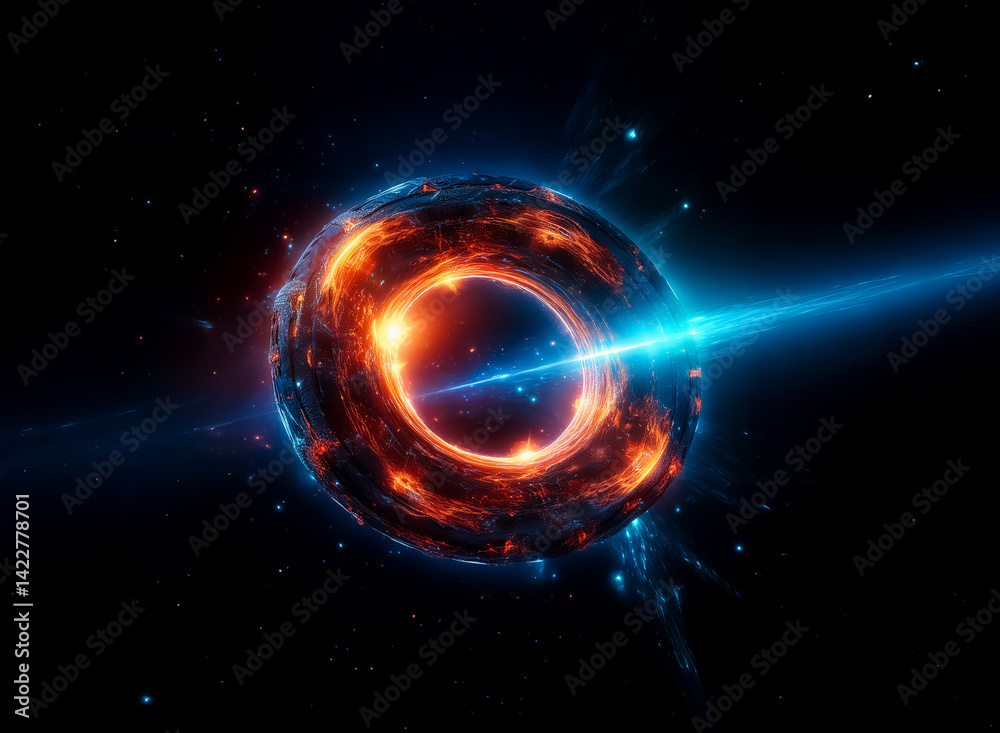 Poster A cosmic orb surrounded by energetic fire and light, a celestial phenomenon bursting with color and light. A blue beam pierces through the core.  Cosmic hints of the unknown.
