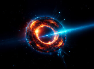 Obraz premium A cosmic orb surrounded by energetic fire and light, a celestial phenomenon bursting with color and light. A blue beam pierces through the core. Cosmic hints of the unknown.