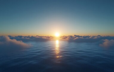 Fototapeta premium Sunset over calm ocean, above clouds.