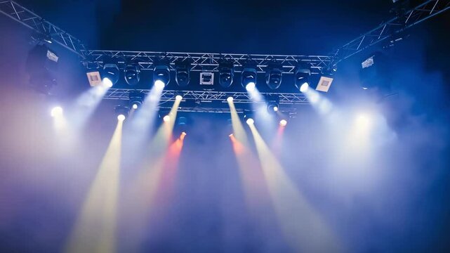 Looped halogen headlamp and disco light blinking on nightclub stage in smoke