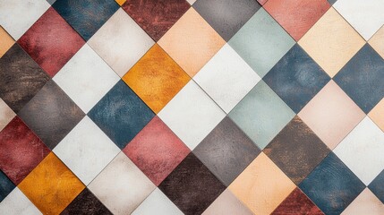 A vibrant, geometric pattern of colorful tiles arranged in a diamond layout, showcasing a mix of earthy and pastel tones.