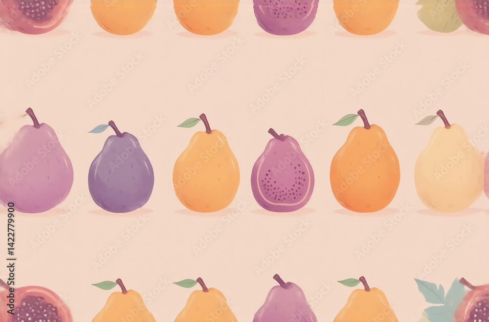 Aufkleber a delightful pattern of vibrant pears and passion fruits, arranged in rows on a soft pink background