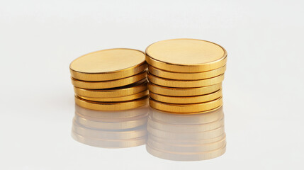 Stacks of shiny golden coins are neatly arranged on reflective white surface, creating sense of wealth and prosperity. coins smooth texture and bright color add to their allure