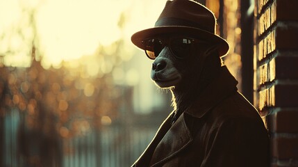 Stylish Animal in Hat and Sunglasses Posing by a Brick Wall