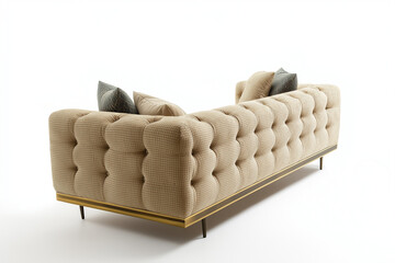 Beige Button Tufted Sofa with Gold Trim  Patterned Pillows