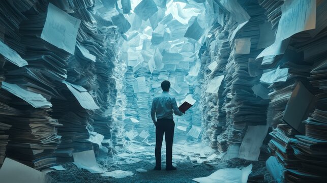 Man standing in a canyon of stacked and falling papers