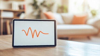 Orange Waveform Graph Displayed on a Tablet on a Wooden Table in a Modern Living Room