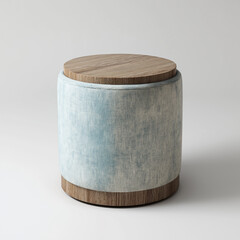Round Upholstered Ottoman with Wooden Top  Blue Fabric Modern Design