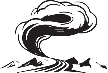 Abstract illustration depicting a stylized tornado or whirlwind in black and white.