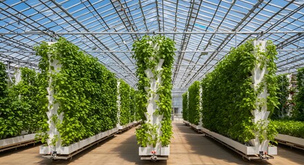 Modern Greenhouse Vertical Farming: Rows of Lush Green Plants Cultivated Indoors Using Innovative Hydroponic Techniques