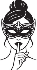 Silhouette of a woman wearing an ornate, eye-covering masquerade mask with intricate patterns