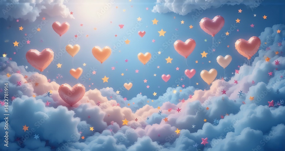 Aufkleber here is the description and keywords: a whimsical scene presents pastel-colored clouds and floating 