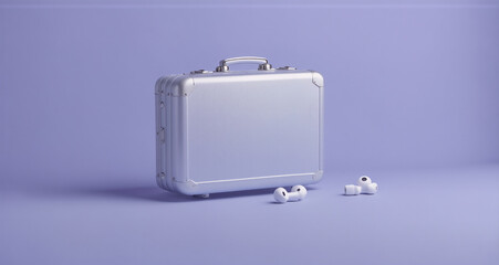 A silver briefcase, perhaps containing secrets, rests against a purple backdrop. Several small white objects, resembling tiny audio devices, are scattered nearby. The scene is minimalist and intriguin