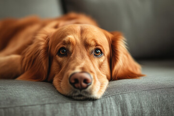 Golden Retriever sprawled across a couch, A close-up of a golden retriever relaxing on a sofa, showcasing its soulful eyes and gentle expression.