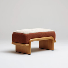 Modern Oak Wood Ottoman with Beige and Burnt Orange Fabric Upholstery