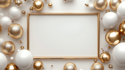 Obraz premium Elegant 3D rendering of a gold frame with white and golden spheres, perfect for festive events. Clean white background with a central writing space, surrounded by balloons. Simple yet luxurious design