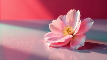 Fototapeta premium A Delicate Pink Blossom Resting on a Smooth Surface, Bathed in Soft Light, Evoking a Sense of Tranquility and Natural Beauty