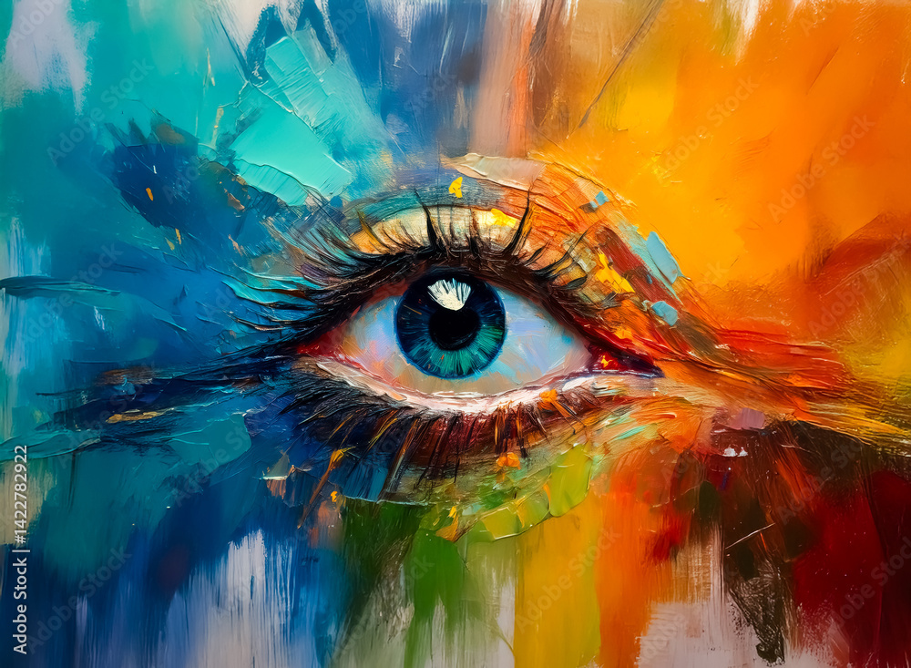 Poster Vibrant eye artwork with a blue iris and colorful abstract brushstrokes creates a captivating and artistic visual experience. The painting style emphasizes texture and bold hues.